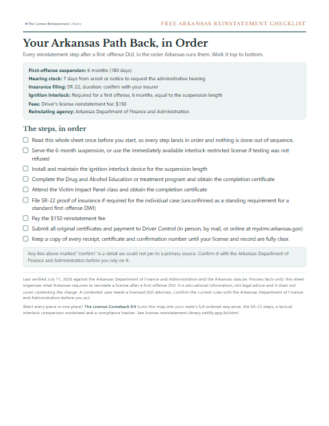The free Arkansas DUI reinstatement checklist, one page