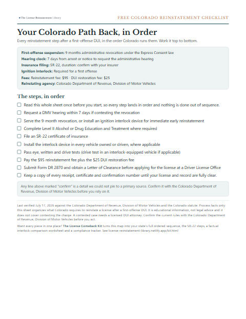The free Colorado DUI reinstatement checklist, one page