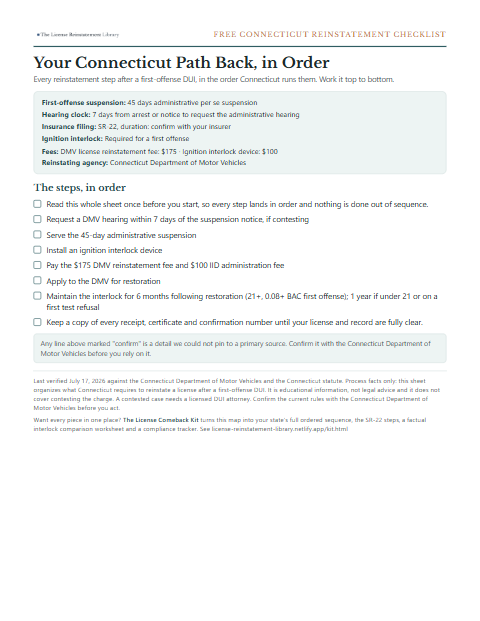 The free Connecticut DUI reinstatement checklist, one page