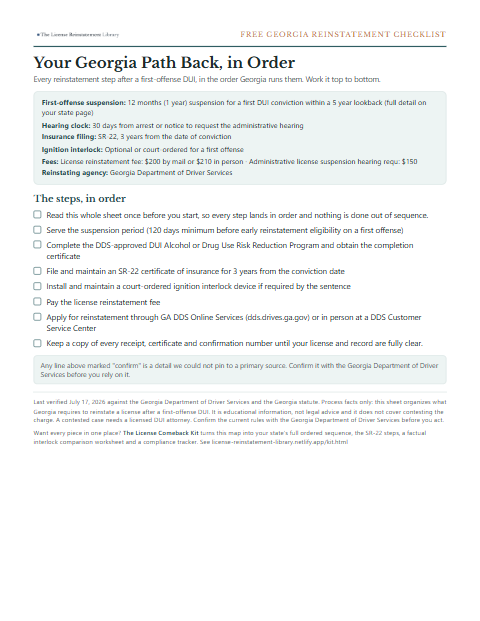 The free Georgia DUI reinstatement checklist, one page