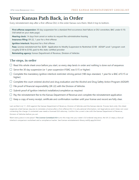 The free Kansas DUI reinstatement checklist, one page