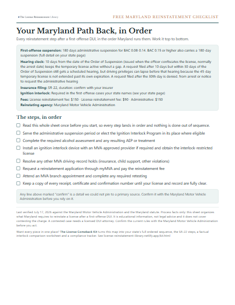 The free Maryland DUI reinstatement checklist, one page