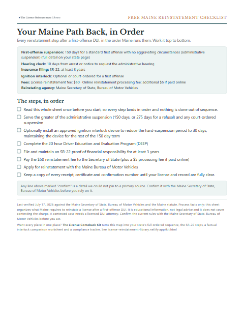The free Maine DUI reinstatement checklist, one page