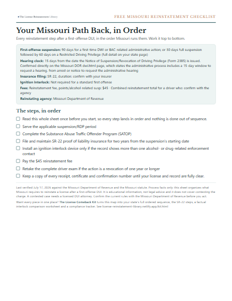 The free Missouri DUI reinstatement checklist, one page