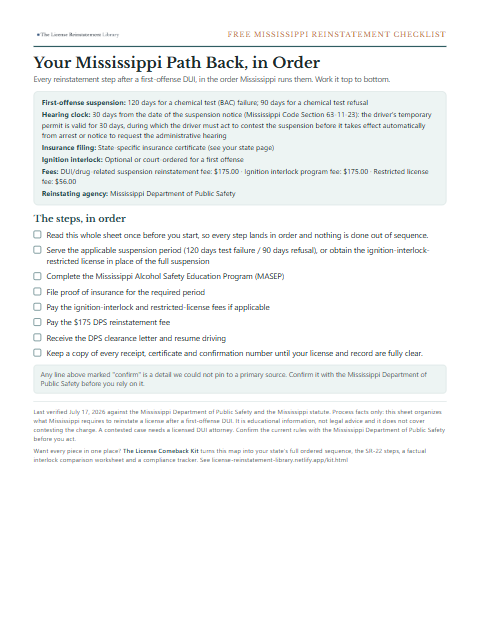 The free Mississippi DUI reinstatement checklist, one page