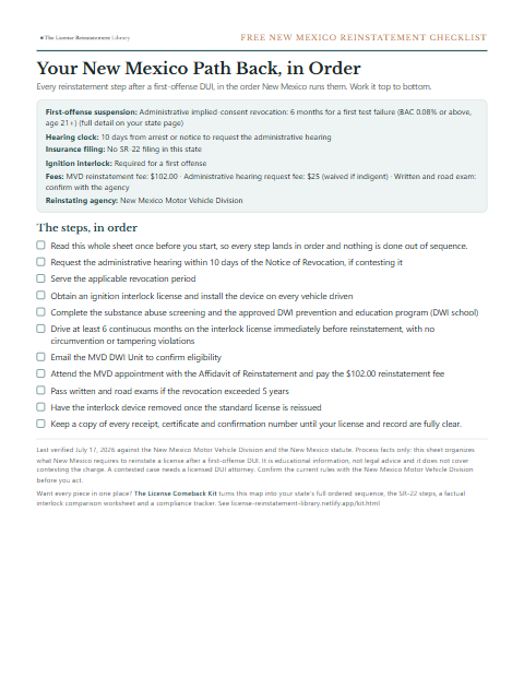 The free New Mexico DUI reinstatement checklist, one page