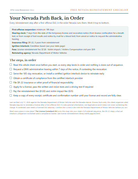 The free Nevada DUI reinstatement checklist, one page