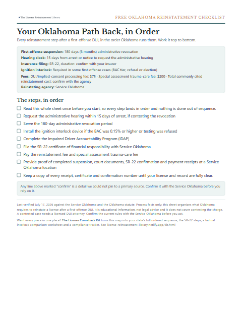 The free Oklahoma DUI reinstatement checklist, one page