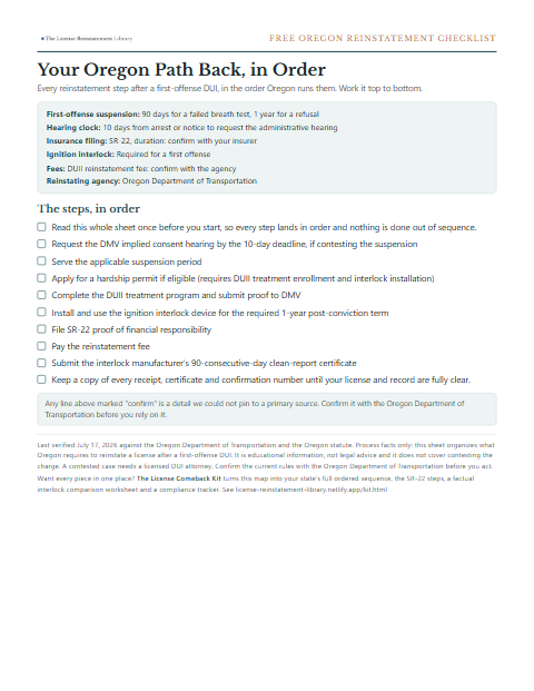 The free Oregon DUI reinstatement checklist, one page