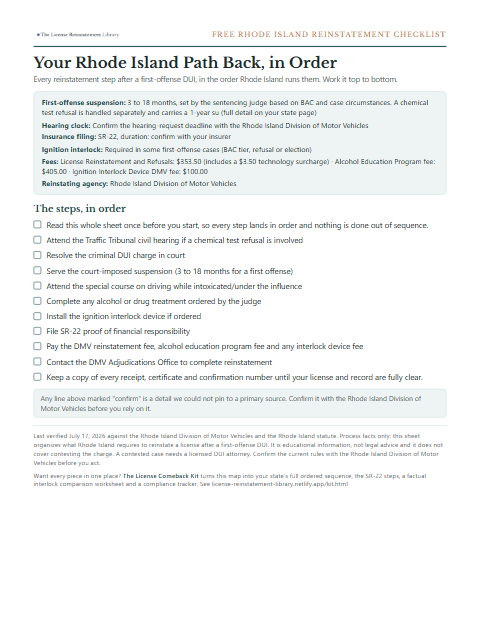 The free Rhode Island DUI reinstatement checklist, one page