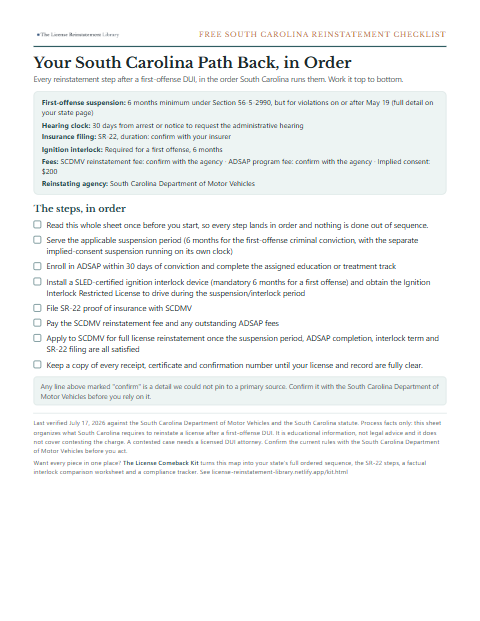 The free South Carolina DUI reinstatement checklist, one page