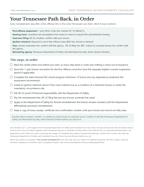 The free Tennessee DUI reinstatement checklist, one page