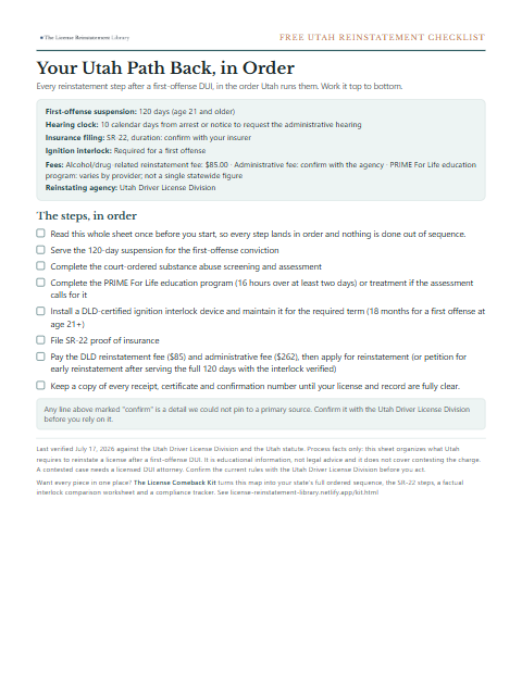 The free Utah DUI reinstatement checklist, one page