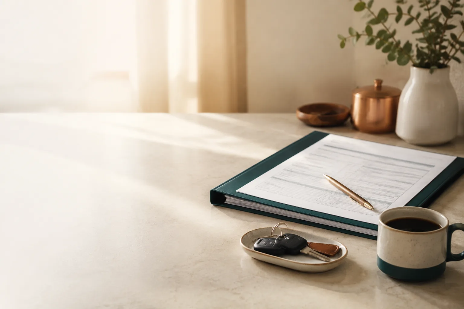A kitchen table in soft morning light with a set of car keys in a small tray, a teal folder holding printed forms with a pen and a mug of coffee