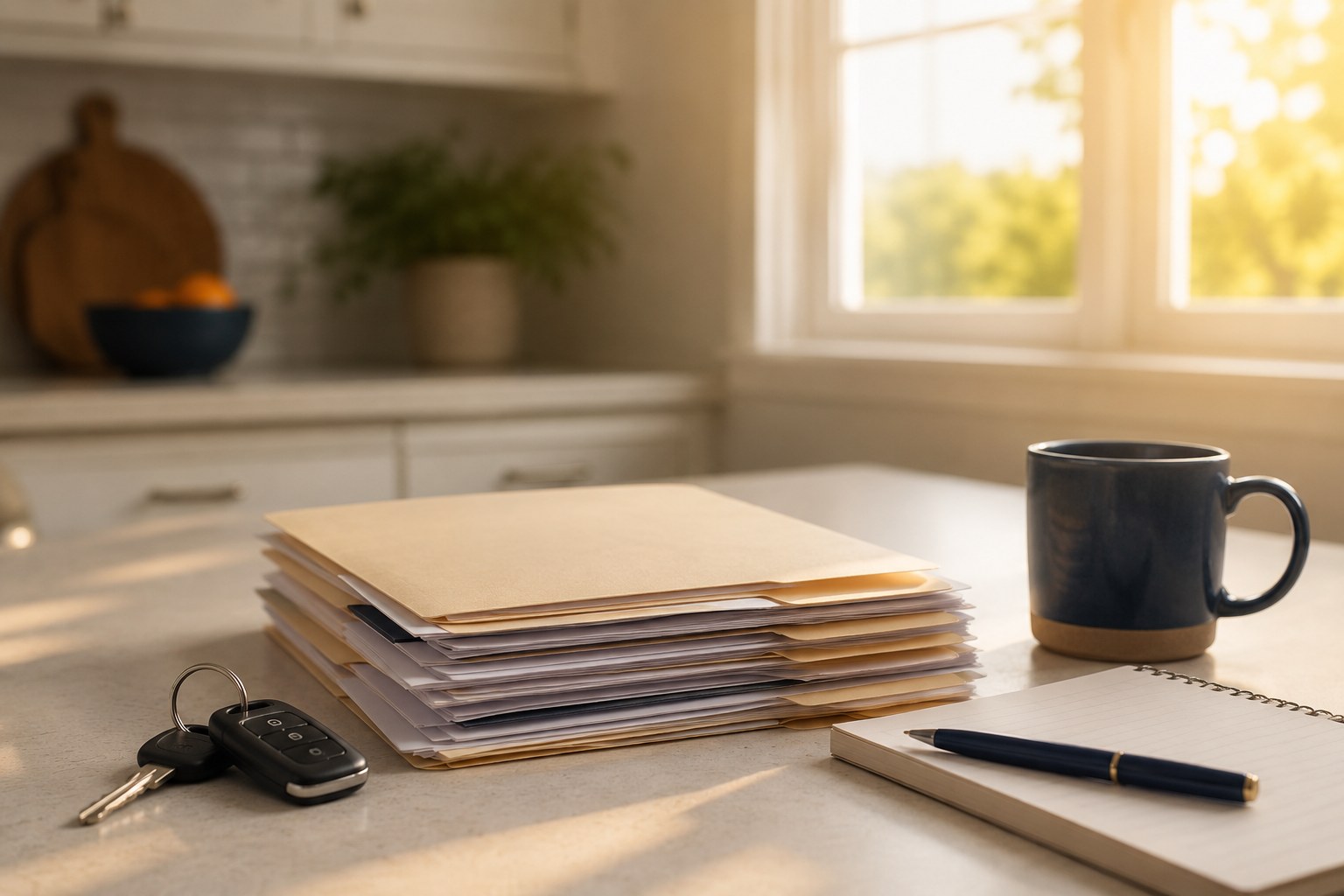A kitchen table in soft morning light with a set of car keys and a neat stack of ordered paperwork beside a warm mug and a notepad
