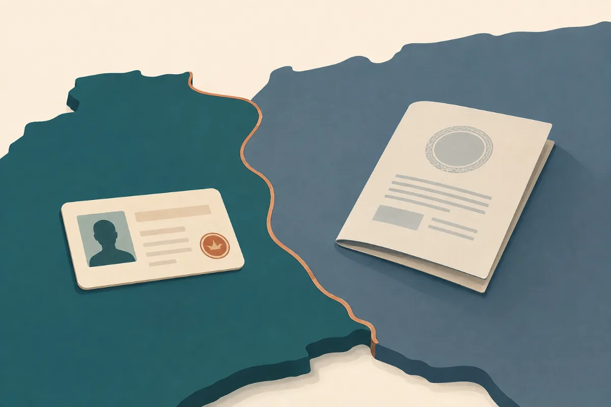 An illustration of two adjoining states either side of a dividing line, a license card resting on one side and a folded document on the other