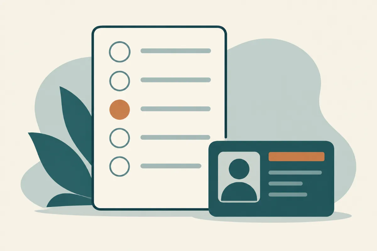 An illustration of a checklist card with empty check circles beside a small license card