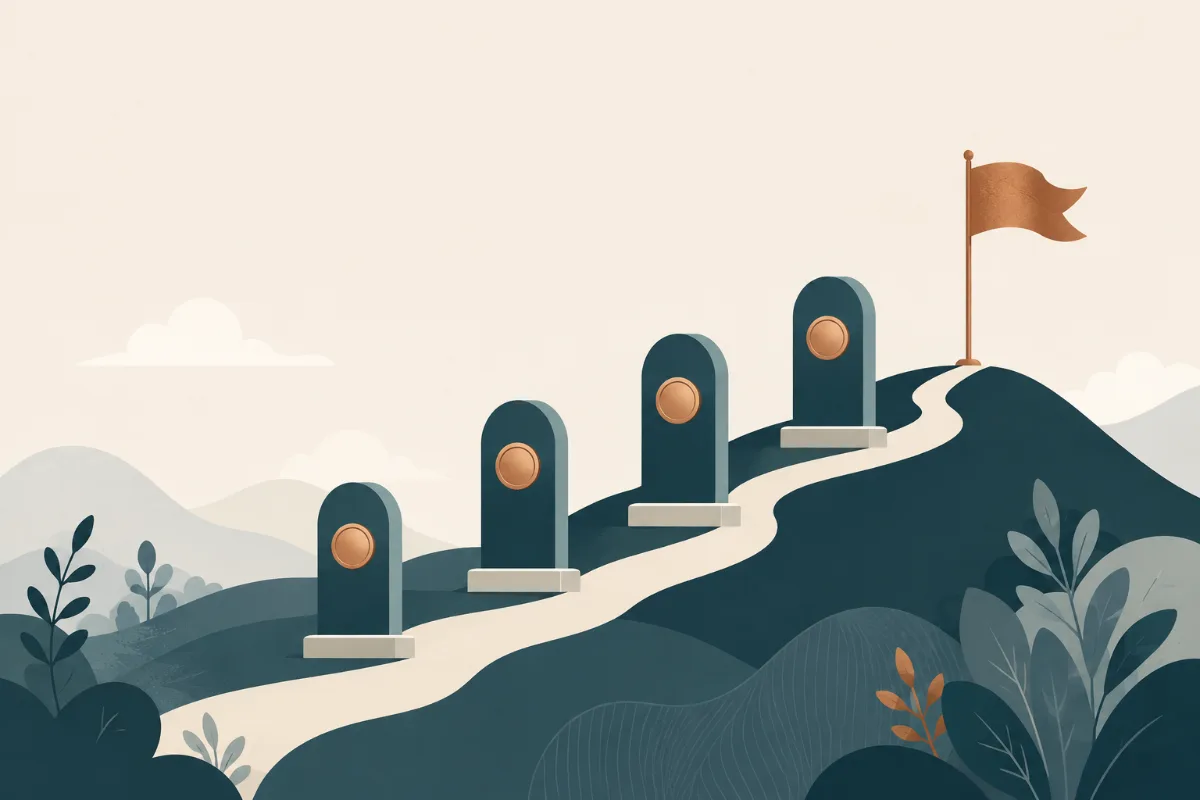 An illustration of four milestone markers along a path rising toward a small flag