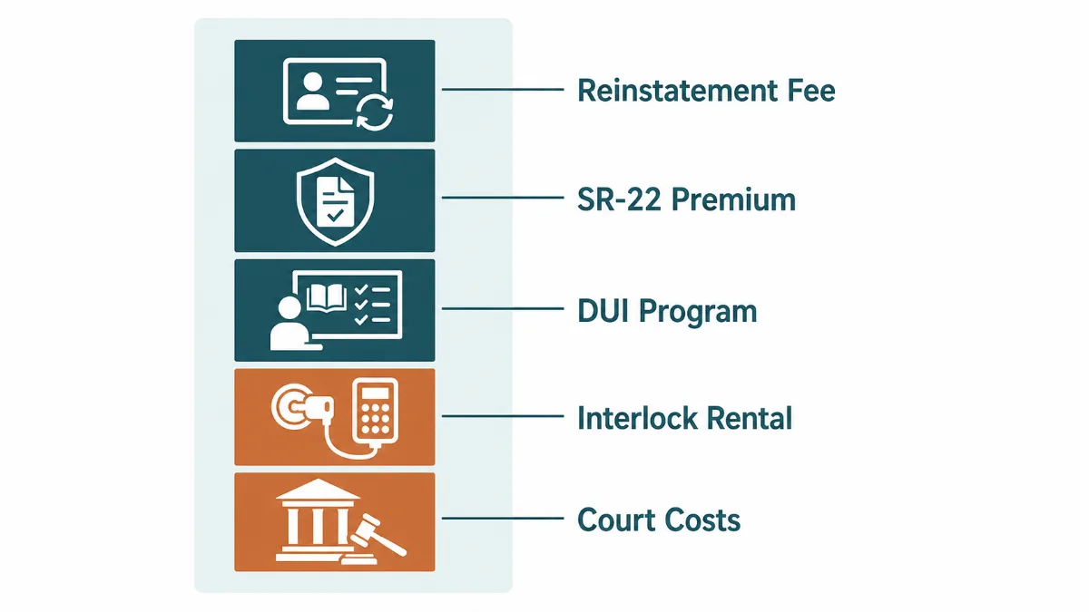 An illustration of a stack of cost blocks labelled reinstatement fee, insurance, program, interlock and court costs