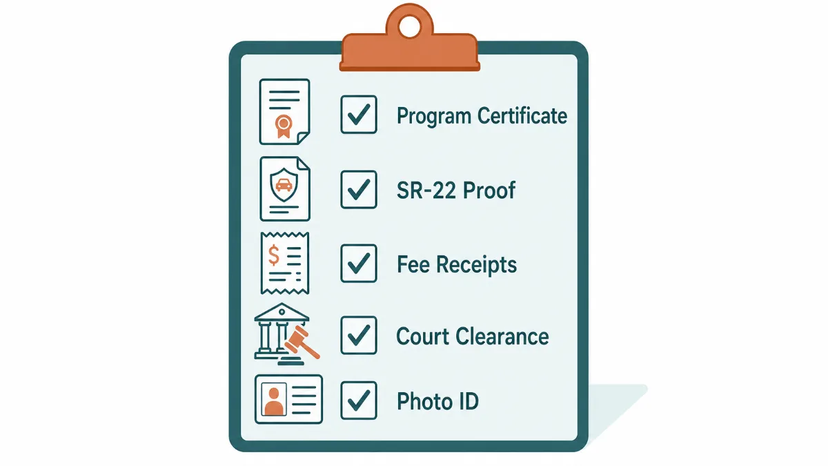 A clipboard checklist: program certificate, SR-22 proof, fee receipts, court clearance, photo ID