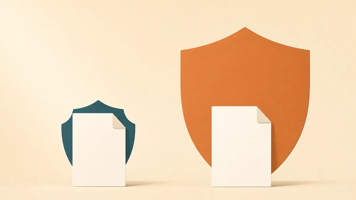 Two identical certificate sheets side by side, the left one backed by a small teal shield and the right one backed by a much larger copper shield