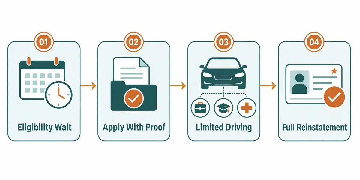 Four-step flow: eligibility wait, apply with proof, limited driving for work school or medical, full reinstatement