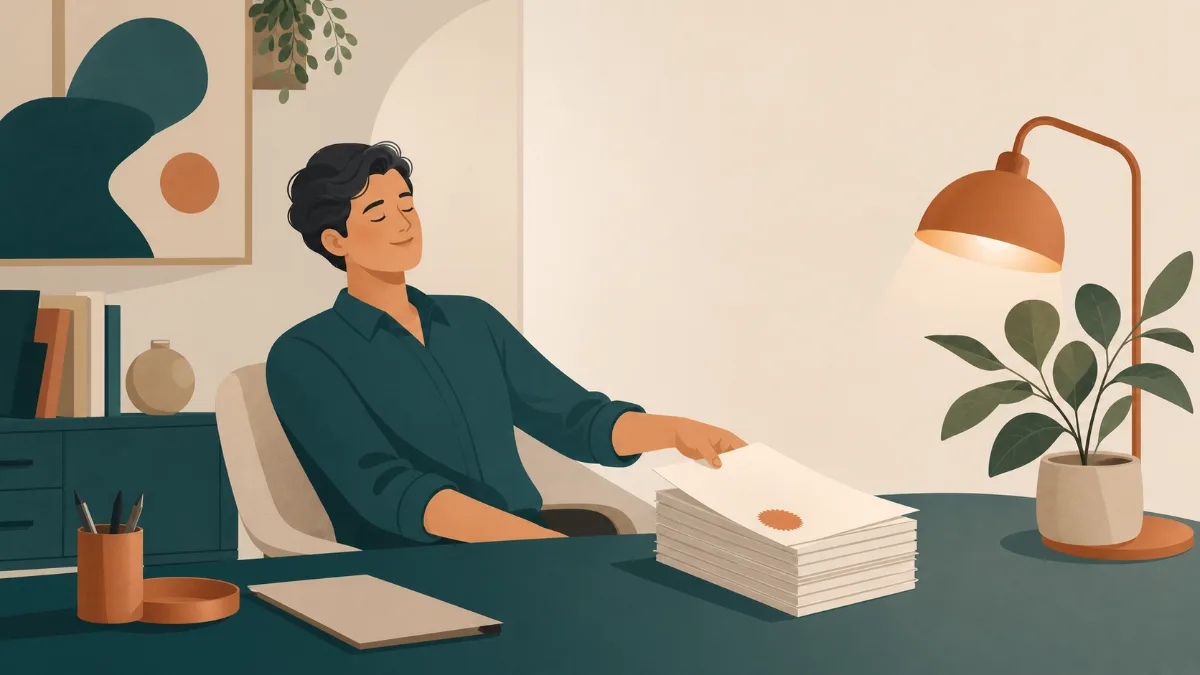 A person at a tidy desk resting a hand on a finished stack of paperwork under a warm lamp