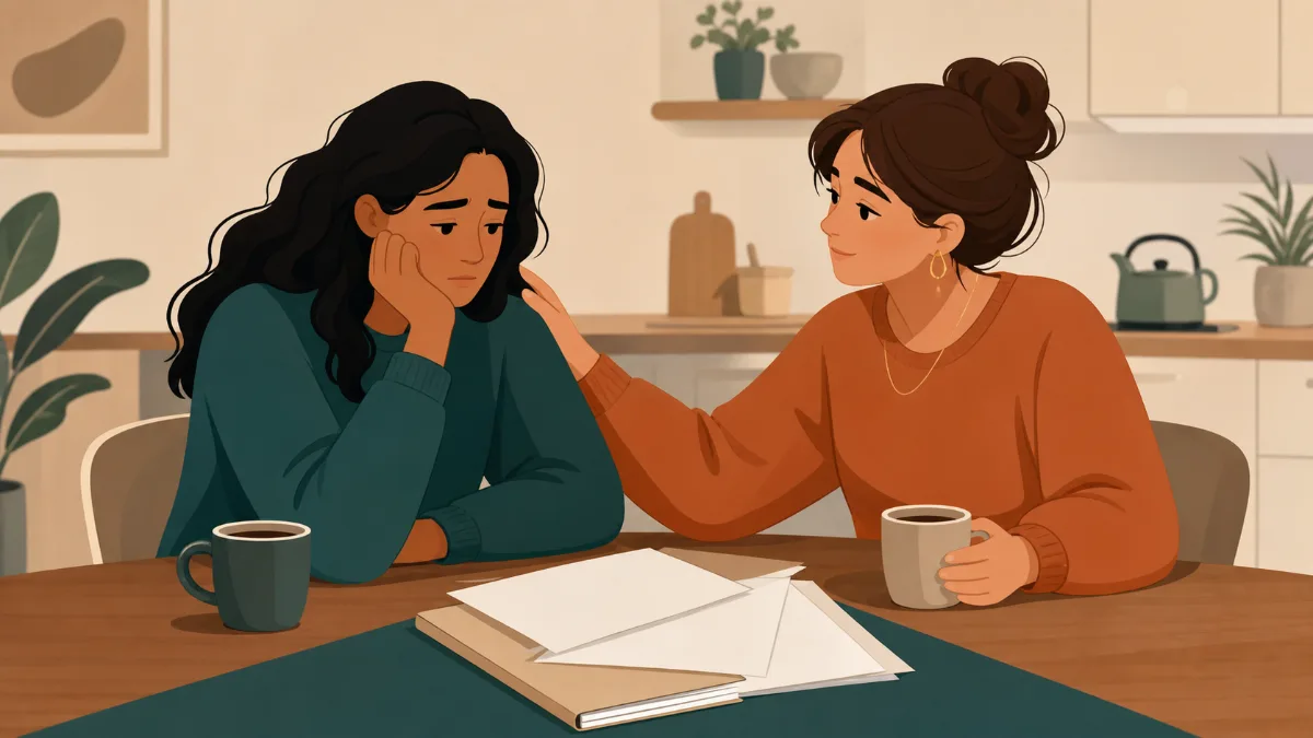 Two friends sitting at a kitchen table with coffee and a folder of paperwork between them, one reassuring the other