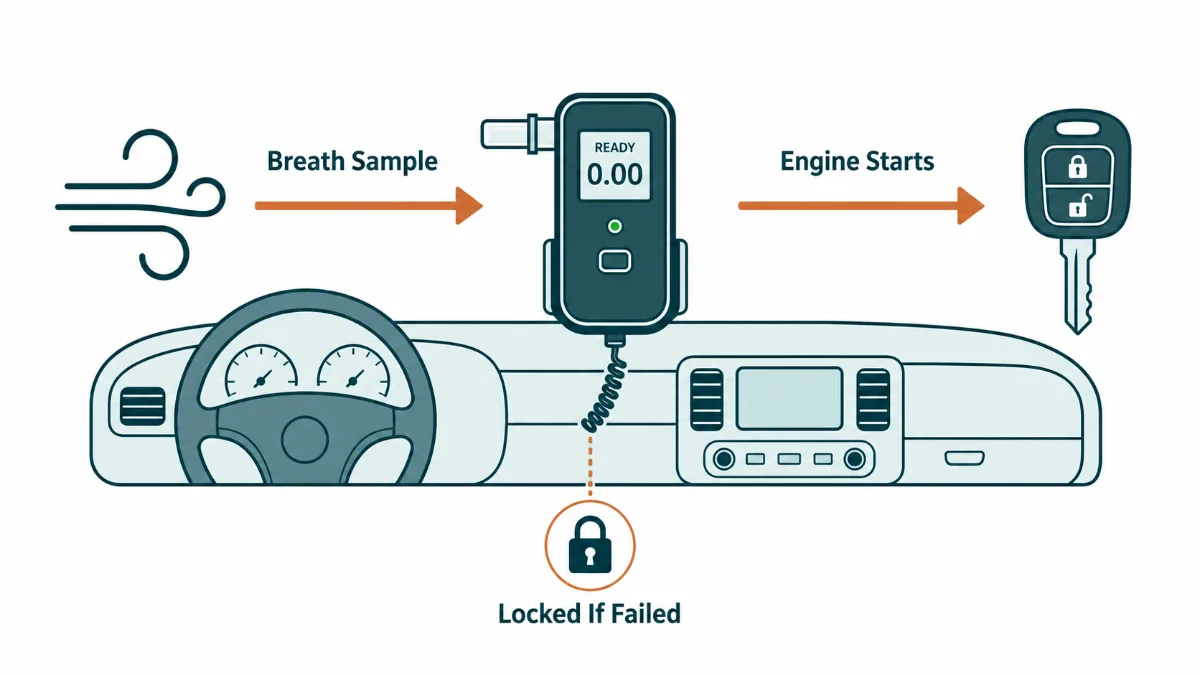 Ignition interlock diagram: a breath sample unlocks the engine and a failed or skipped test locks it again