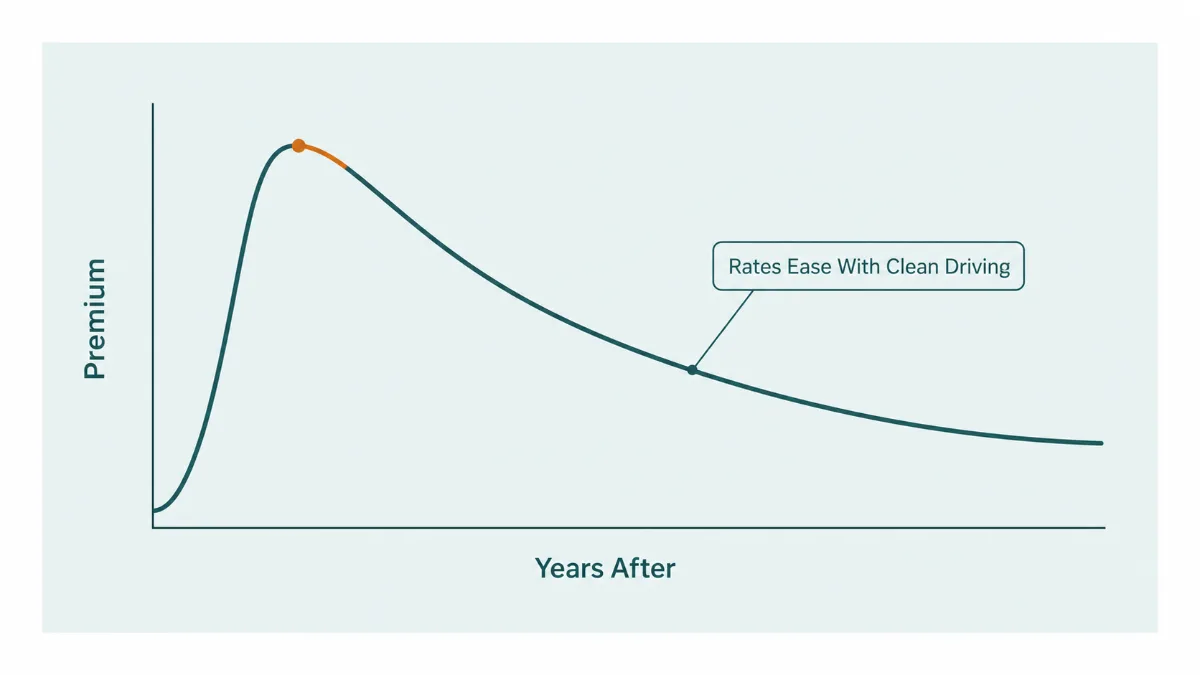 Line chart of a car insurance premium after a DUI, spiking then gradually easing, labeled rates ease with clean driving