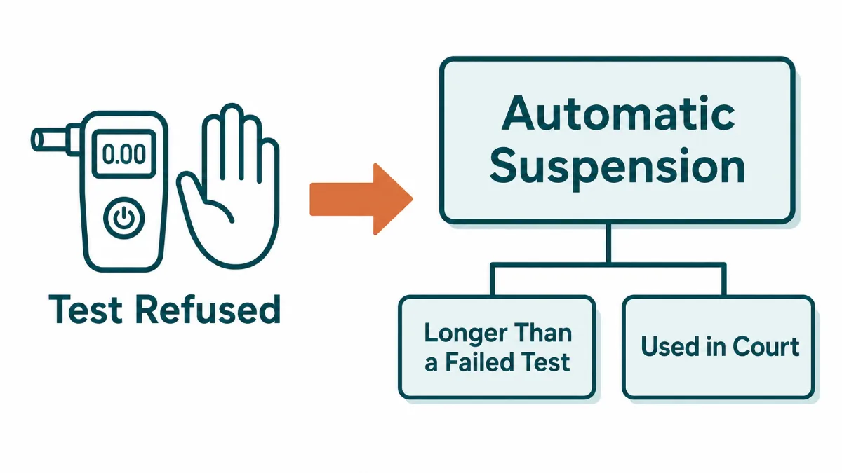 Diagram showing a refused chemical test leads to automatic suspension, longer than a failed test and used in court