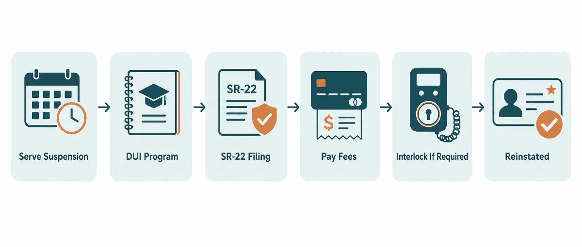 Six-step flow chart: serve suspension, DUI program, SR-22 filing, pay fees, interlock if required, reinstated