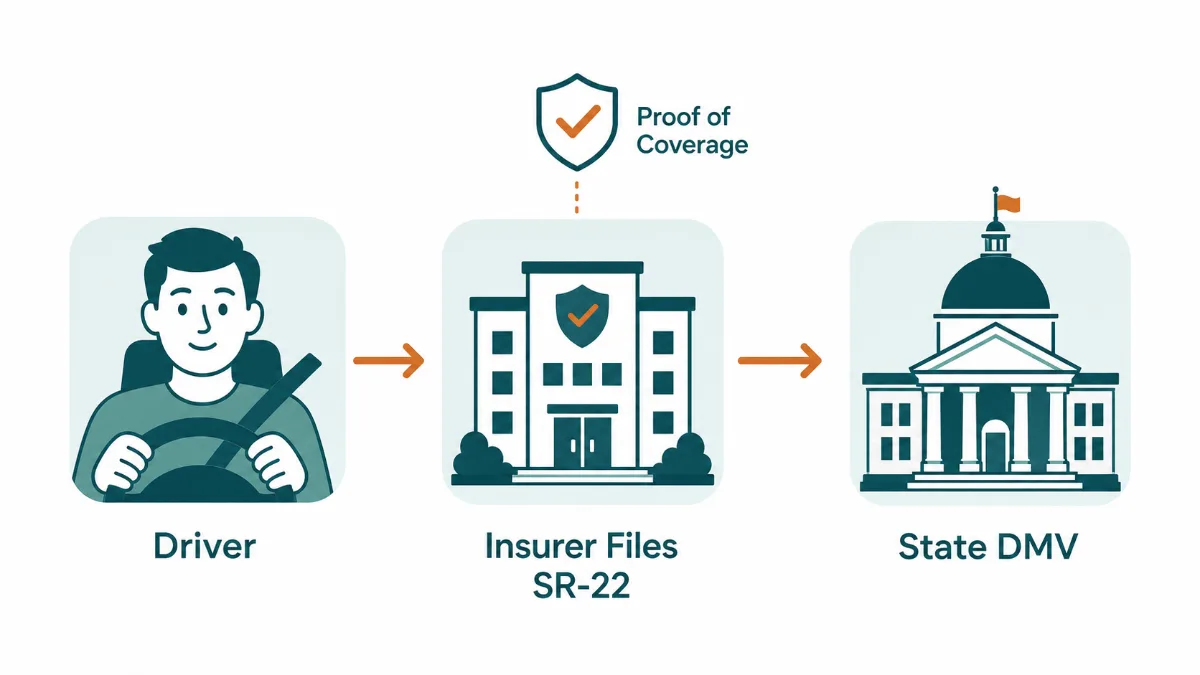 SR-22 flow diagram: the driver, the insurer files the SR-22 as proof of coverage, the state DMV