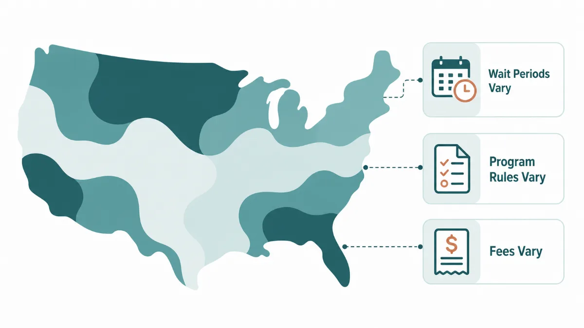 An abstract map of the United States in shades of teal with callouts for wait periods vary, program rules vary and fees vary