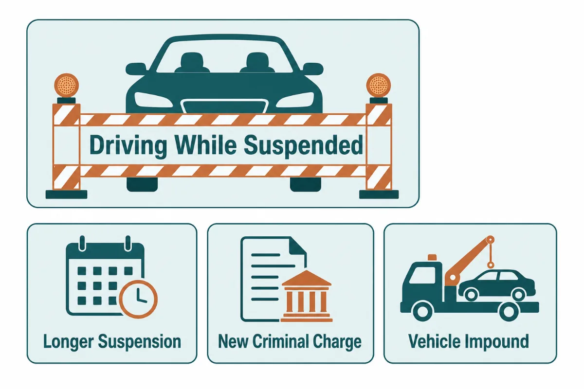 A car behind a barrier labeled driving while suspended, with consequence cards for longer suspension, new criminal charge and vehicle impound