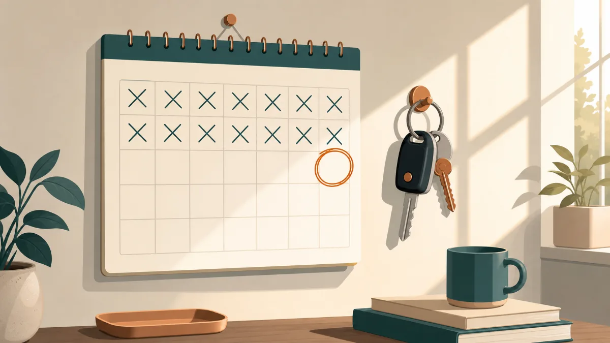 A wall calendar with days crossed off approaching a circled date