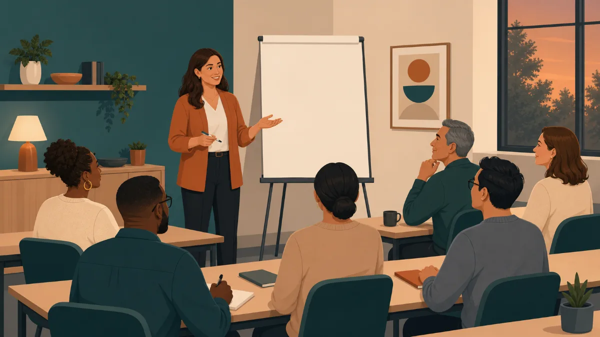 An adult education classroom with an instructor at a flip chart and seated attendees