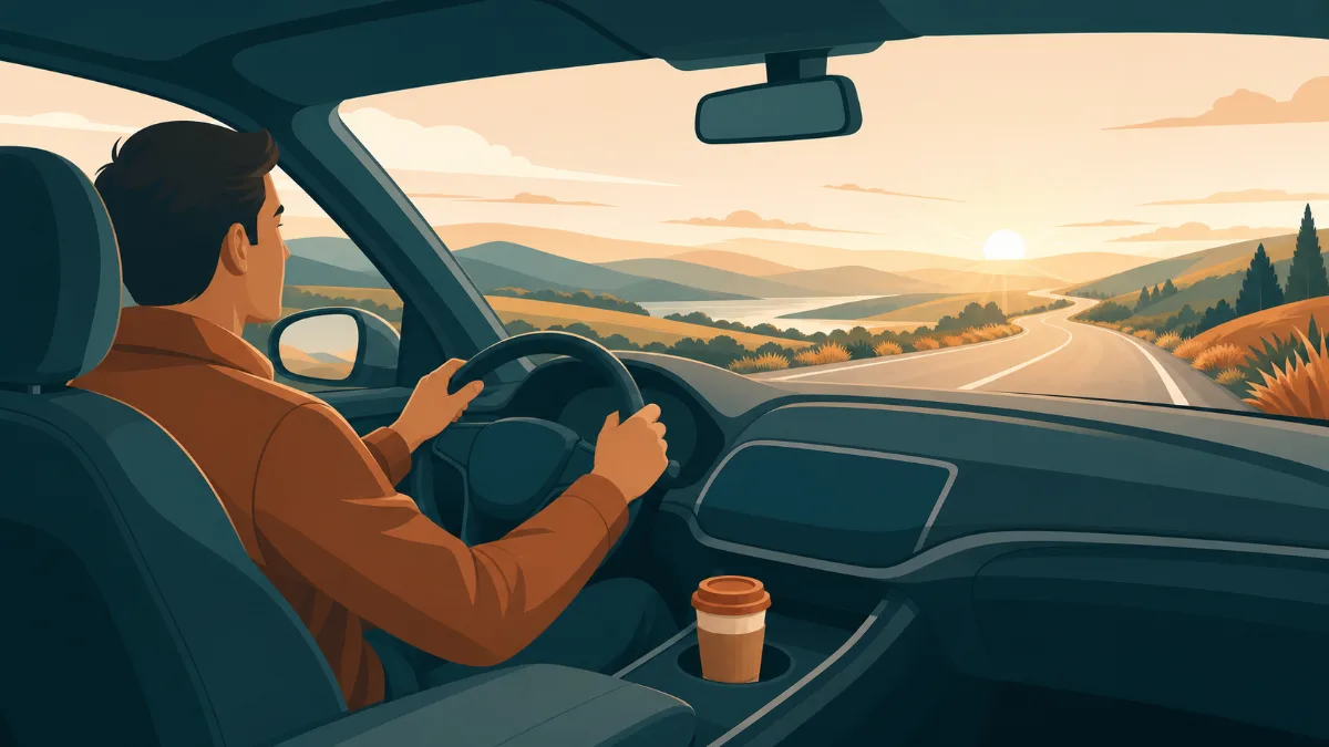 A person driving on an open road at sunrise with both hands on the wheel