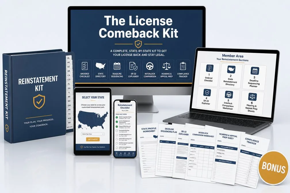 The License Comeback Kit shown across a desktop screen, laptop, tablet and phone beside a tabbed reinstatement binder, with the printed state worksheets fanned out in front